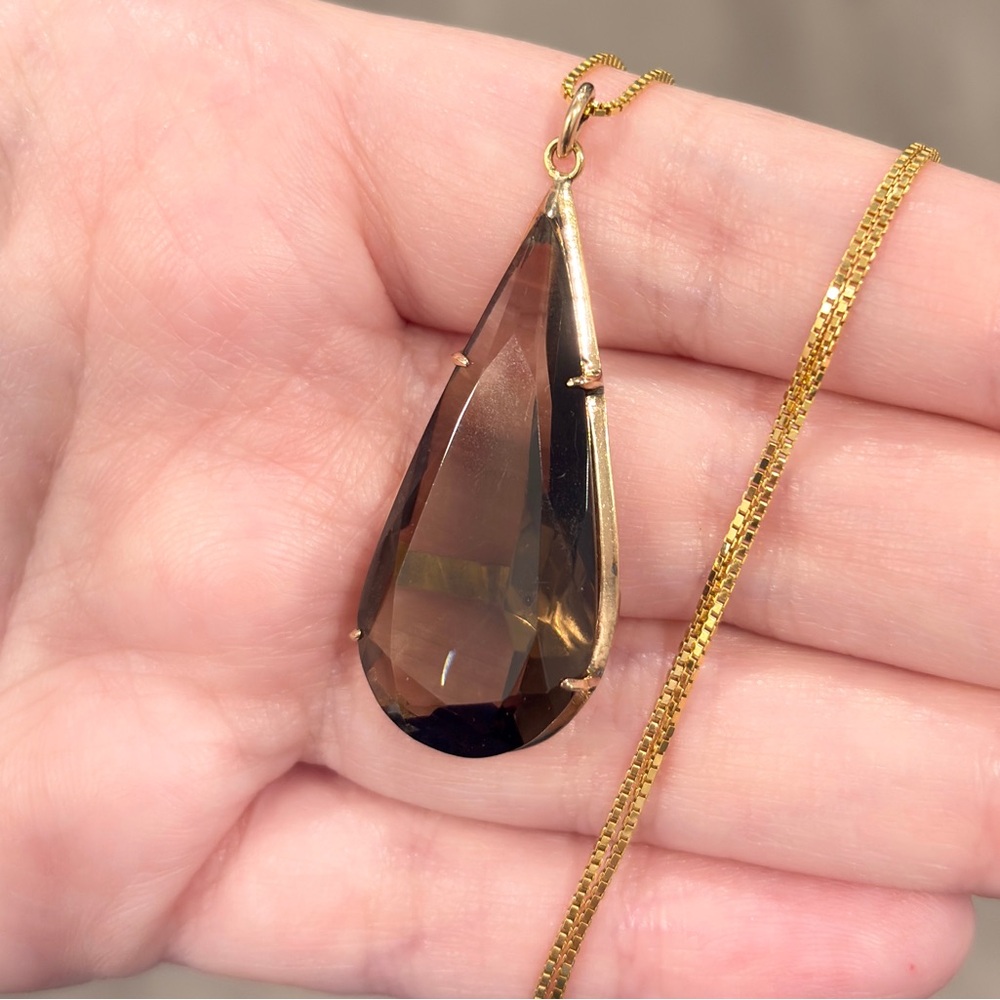 Vintage Smoky Quartz 18K Yellow Rose Gold Pendant Mid-Century Teardrop Solitaire - Picture 6 of 13